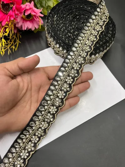 Luxurious Mirror Work with Diamond Designer Maggam Work Border Lace - Black